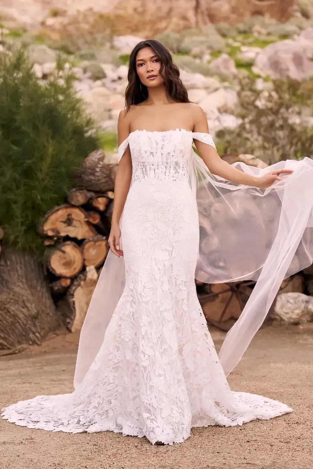 Woman in a white off-the-shoulder lace wedding dress, holding a sheer veil, standing outdoors.