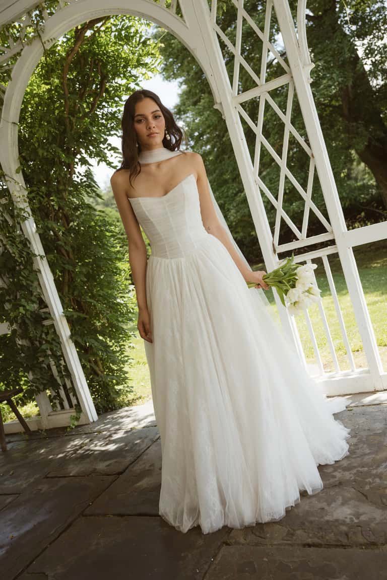Woman in strapless white dress, holding flowers, standing under white trellis.