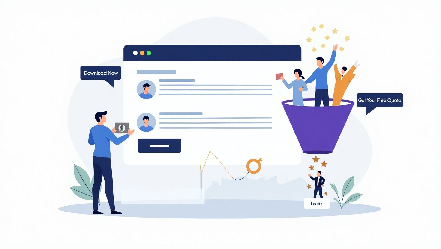 Illustration of a digital marketing funnel showing website visitors converting into leads withC TA