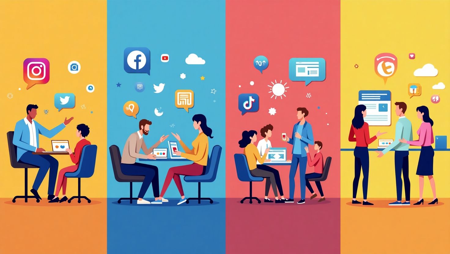 Illustration of marketers discussing social media strategies for Instagram, Facebook, TikTok, etc