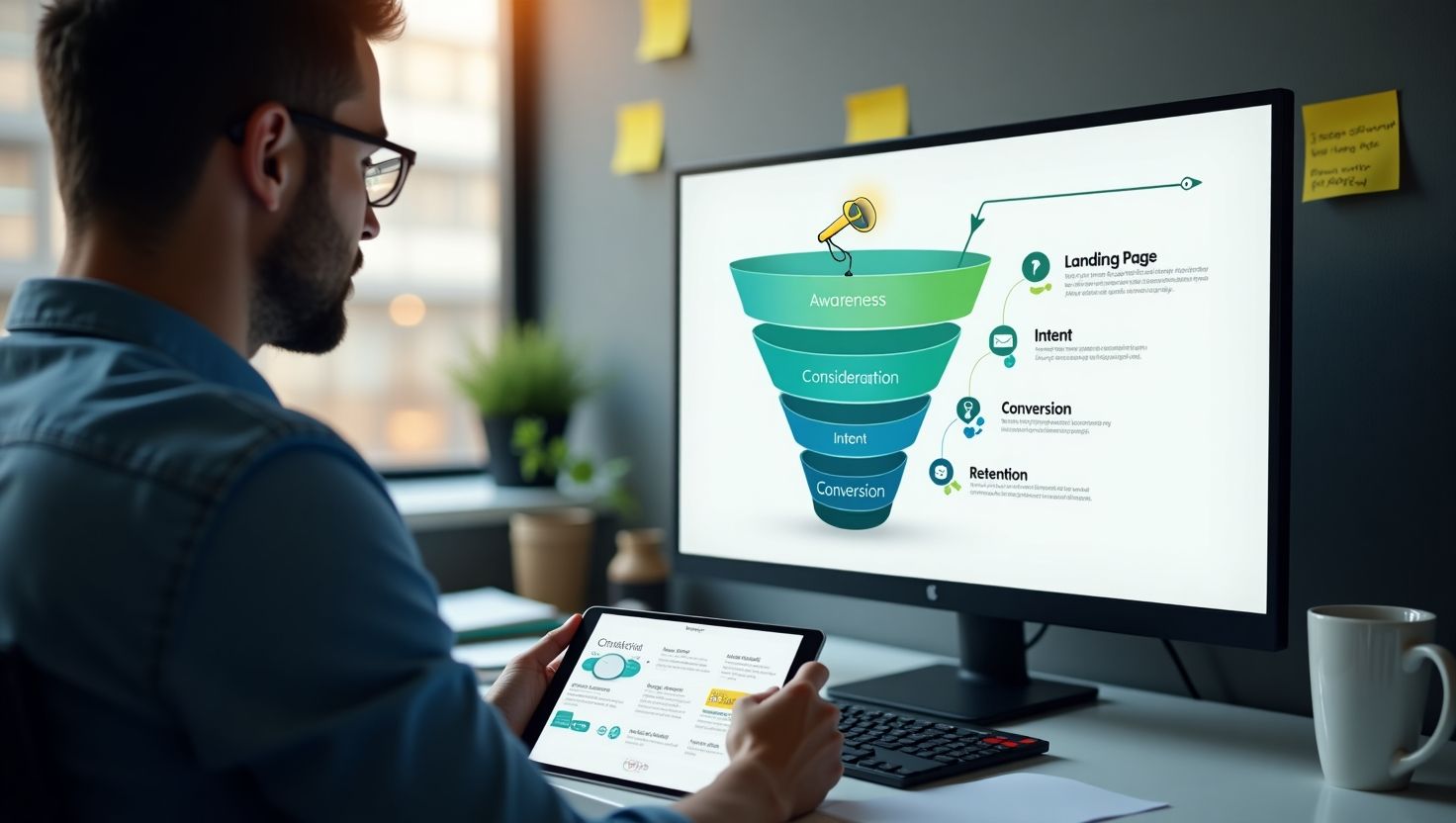 A focused marketing professional reviews a digital sales funnel on dual screens.
