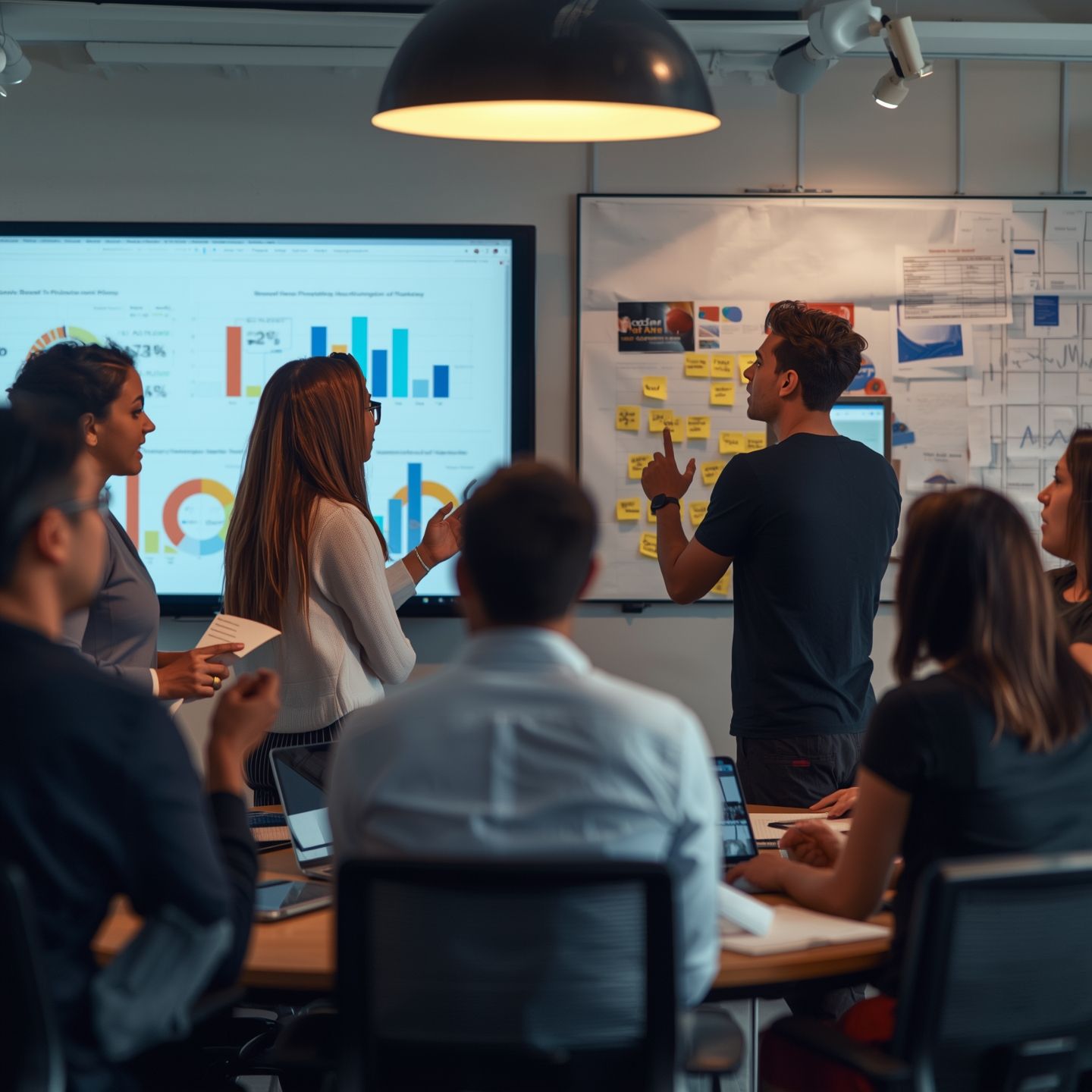 A diverse marketing team analyzing data charts and brainstorming A/B testing strategies 