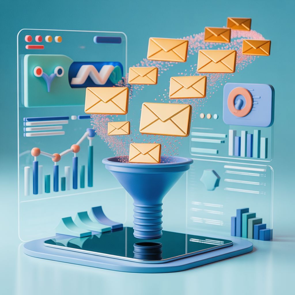 3D illustration of email envelopes flowing into a digital marketing automation funnel