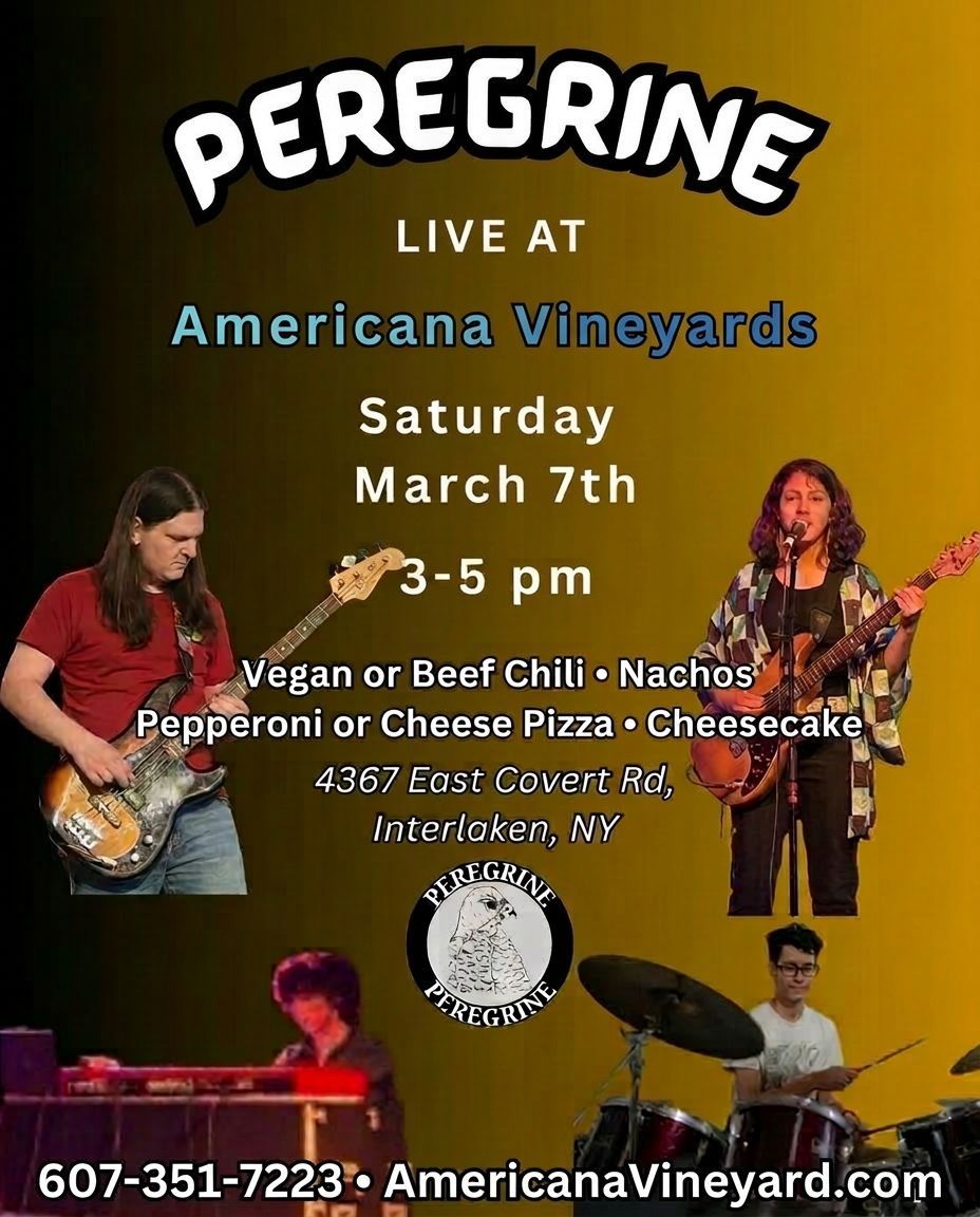 Band Peregrine performing live at Americana Vineyards, Saturday, March 7th, 3-5 pm. Food includes chili, nachos, pizza, cheesecake.