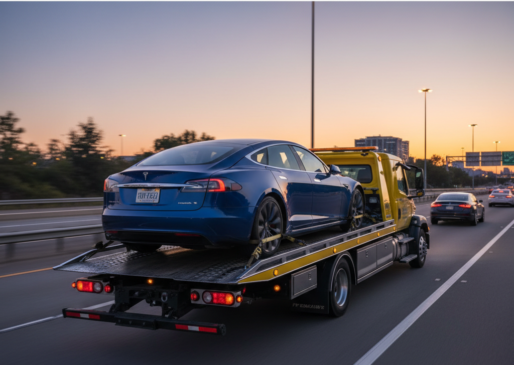 Blue Tesla sedan being towed on a flatbed tow truck on a highway at dusk.