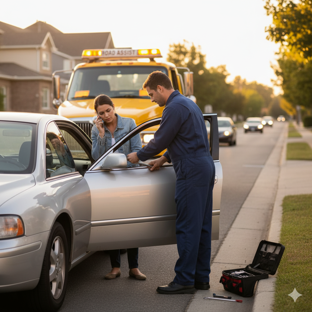 Woman on phone with mechanic by disabled car, tow truck in background.