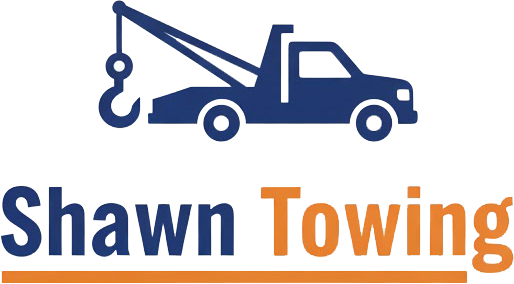 Blue tow truck icon with "Shawn Towing" text in blue and orange.