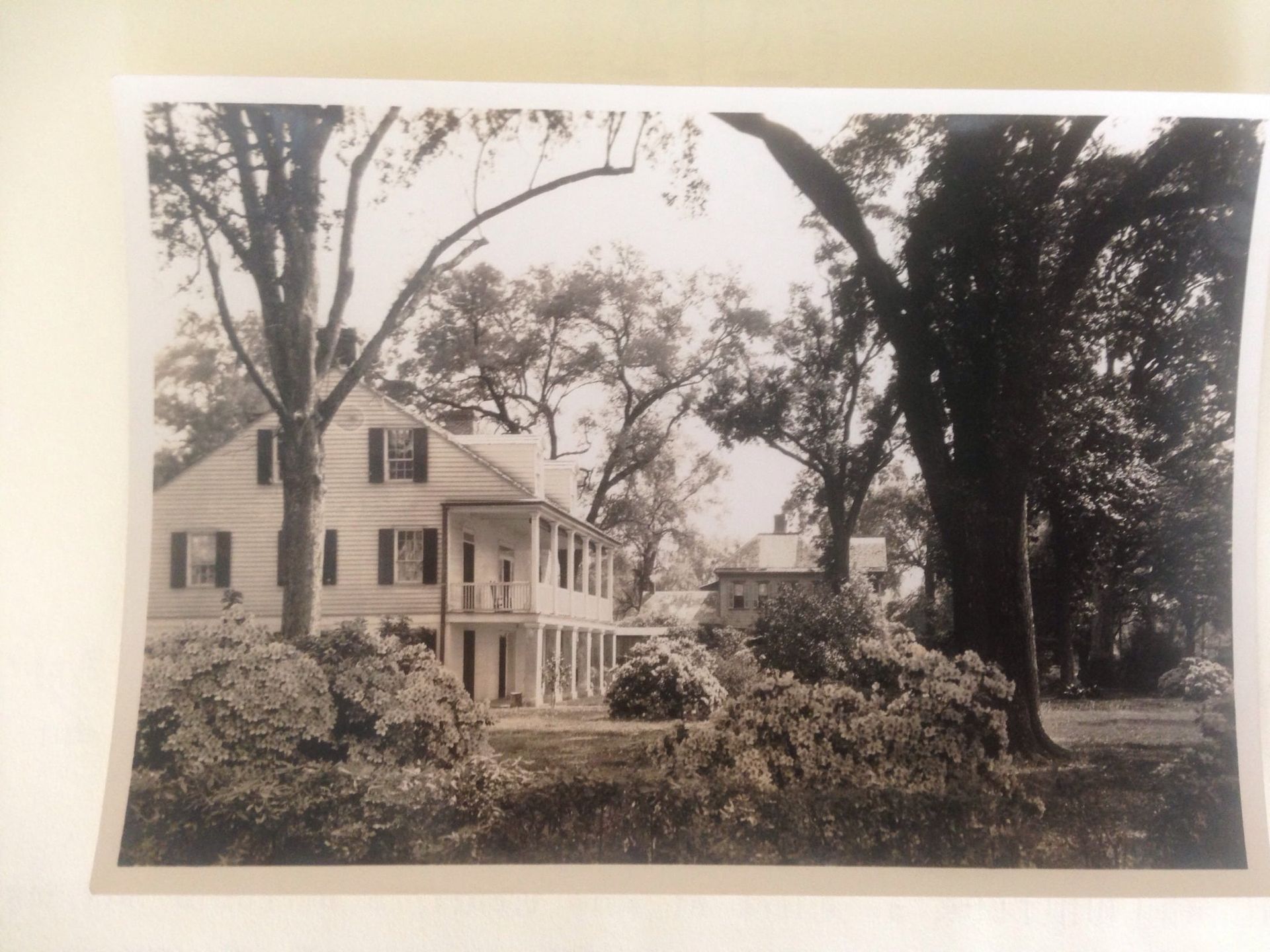 A black and white photo of a house surrounded by trees