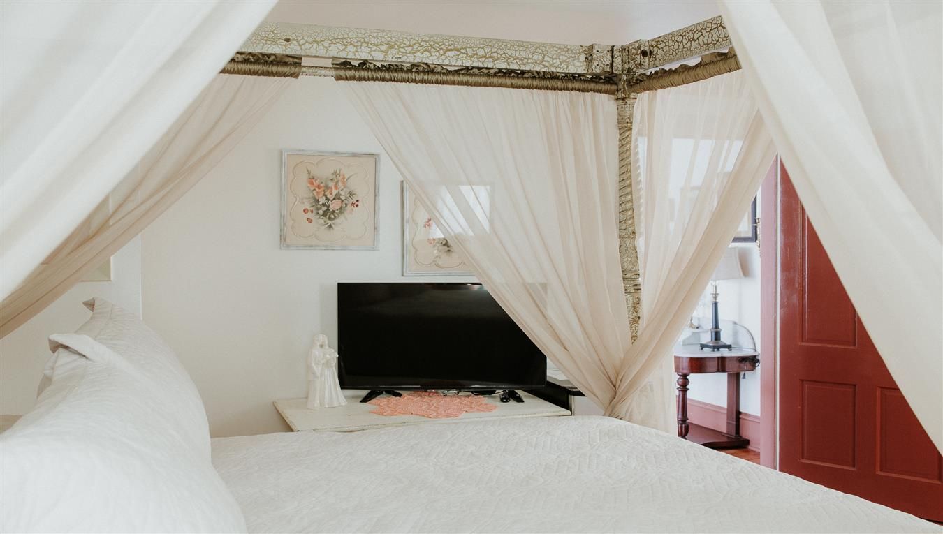 A bedroom with a canopy bed and a flat screen tv