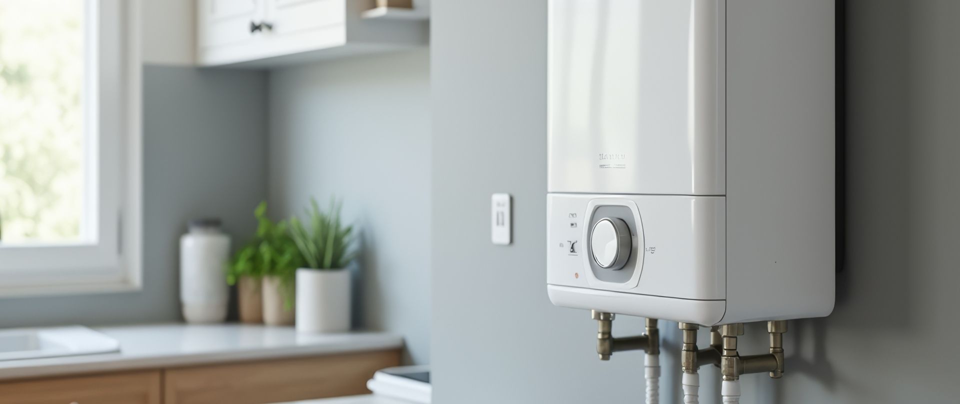 White wall-mounted boiler in a kitchen, with a countertop, window, and small plants in the background.