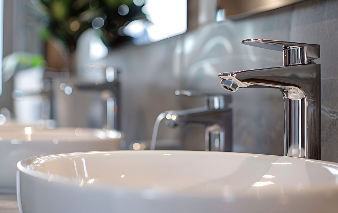 Bathroom sinks with chrome faucets. One faucet has running water, reflecting the grey tile wall.