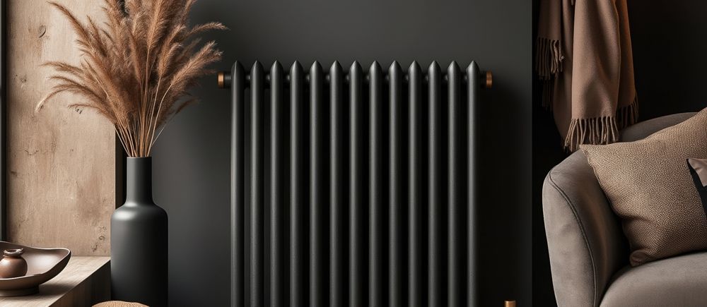 A black radiator against a dark wall with pampas grass in a vase and a sofa with a throw pillow.