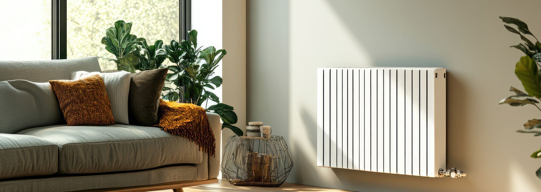 A modern living room with a white radiator, gray couch, decorative pillows, and plants.