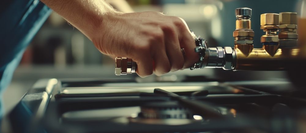 A hand turning a metal valve over a stovetop. Brass fixtures are visible in the background.