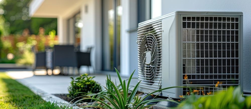 An air conditioning unit next to a house with a patio and greenery in the foreground.