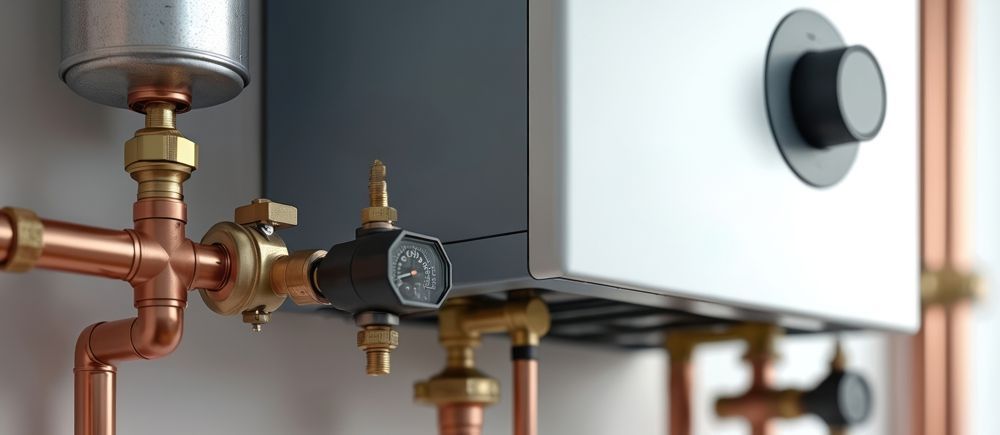 Close-up of copper pipes and fittings connected to a white water heater with a black control knob.