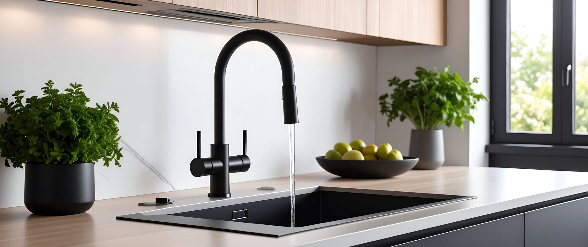 Kitchen sink with black faucet, water flowing, plants in pots, and a bowl of limes.