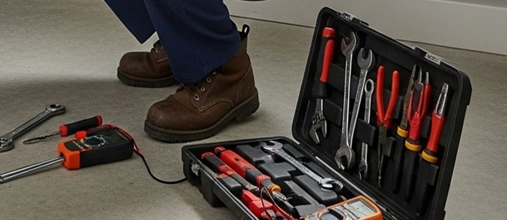 Person's feet and tool kit with open case. Tools on the floor: wrenches, screwdrivers, voltmeter.