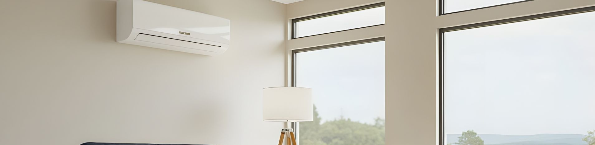 An air conditioning unit is mounted on a light-colored wall, next to a window with a lamp in front of it.