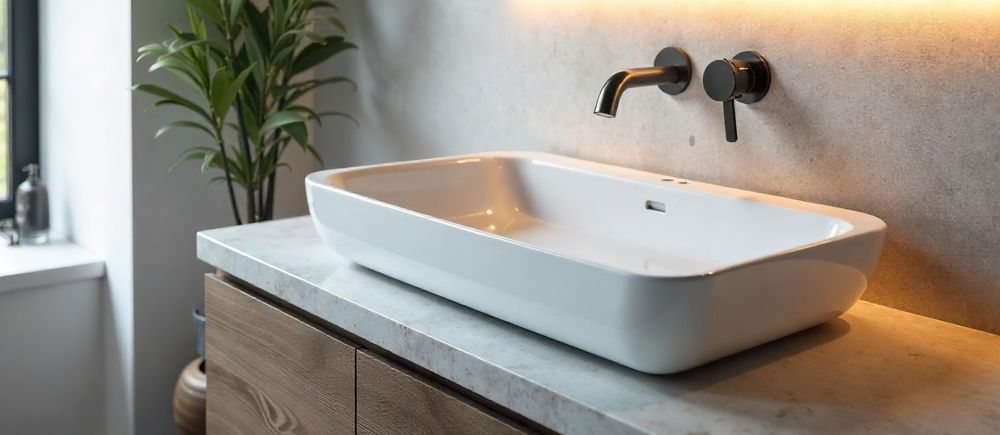 Bathroom sink with black faucet, light fixture, wooden cabinet, and plant.