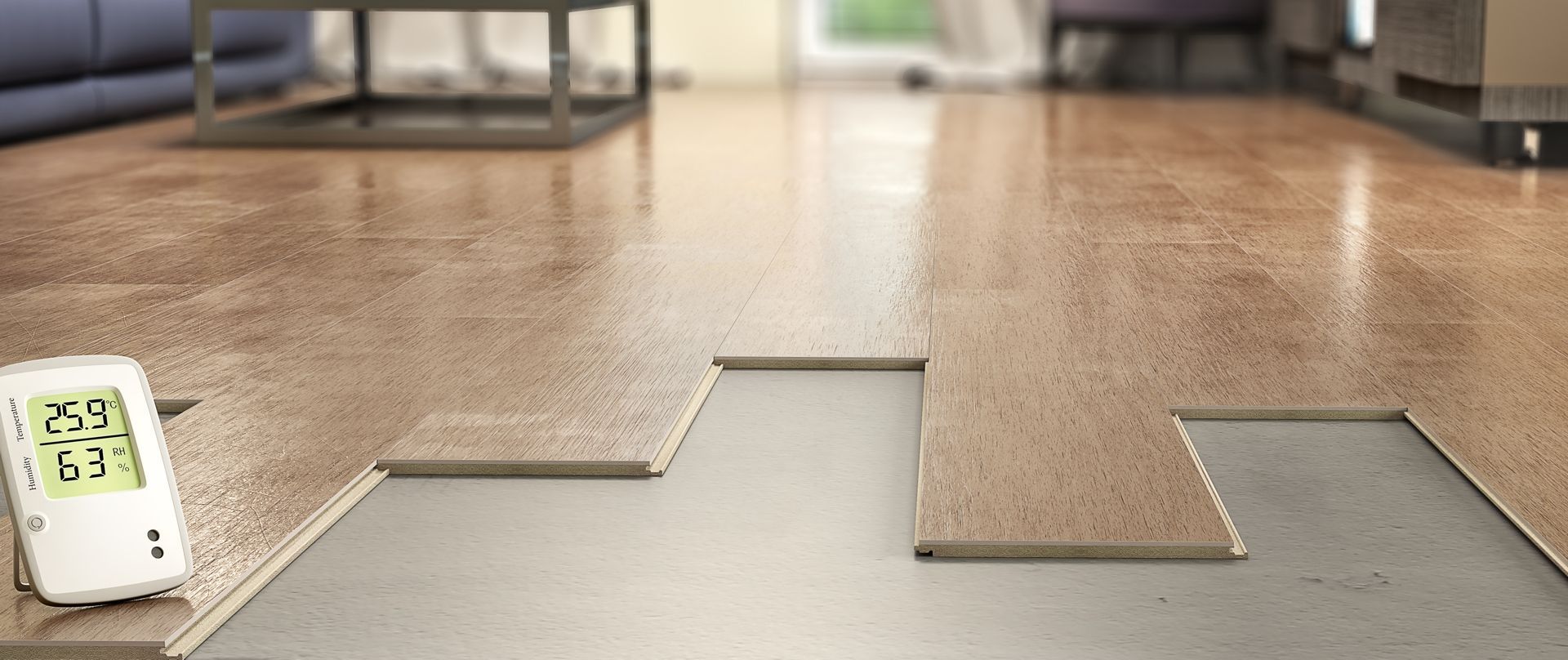 Installing flooring, room interior. Cork panels, thermometer showing temperature.