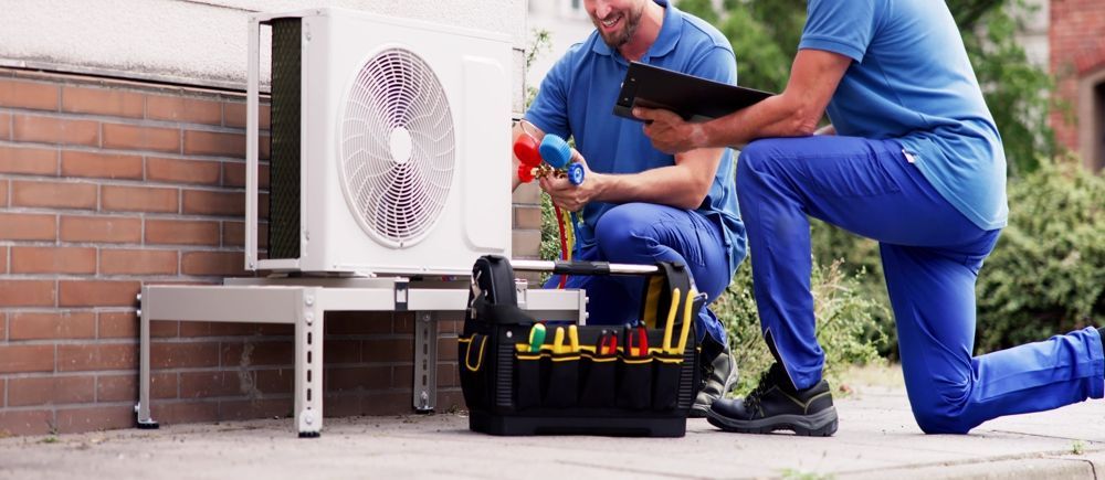 Two HVAC technicians working on an outdoor air conditioner near a brick wall, with tools visible.