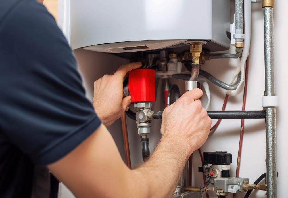 Person working on a water heater, attaching pipes. Red valve, silver tank, close-up shot.