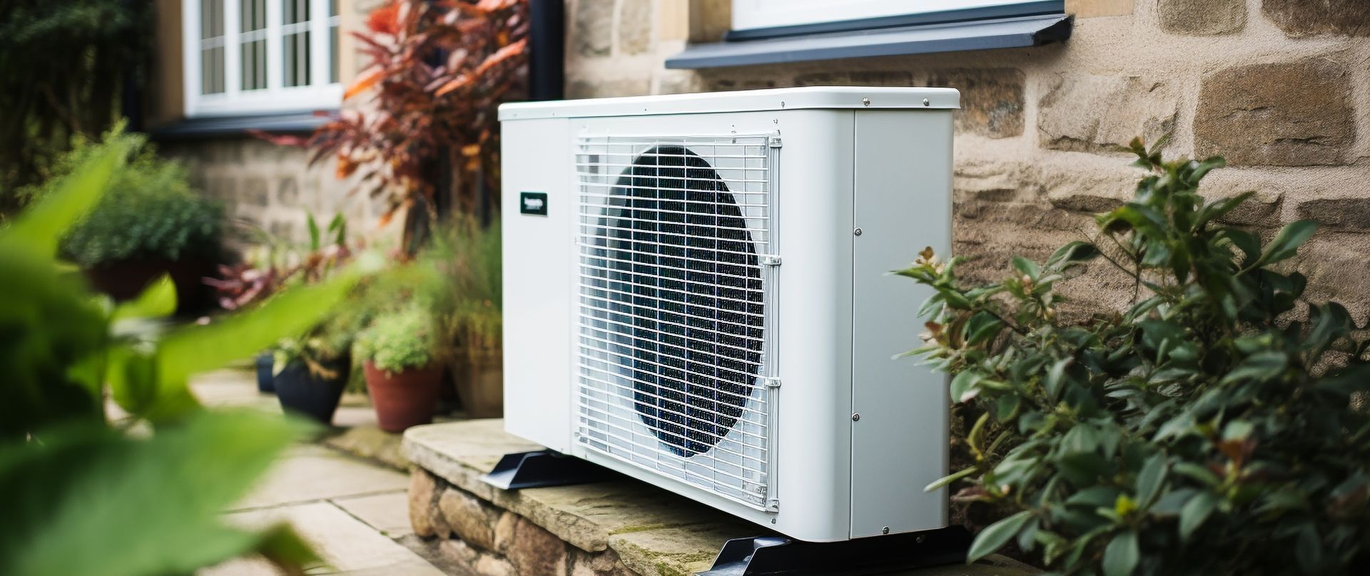 An outdoor white heat pump installed near a brick wall, with greenery around.