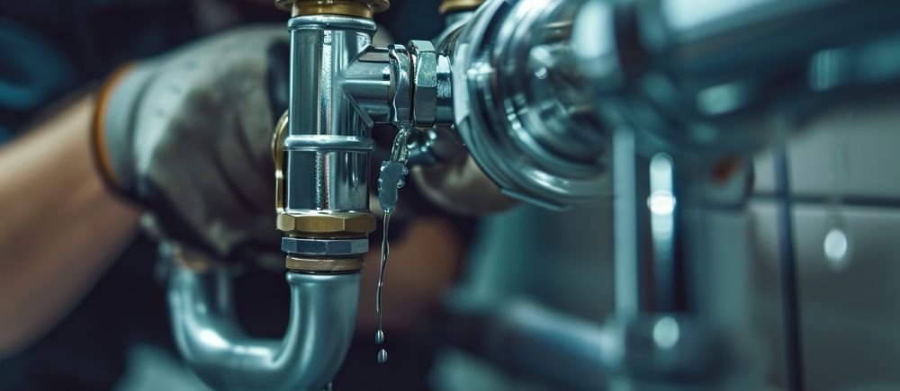 A plumber's gloved hand fixes a leaky pipe, water droplets visible.