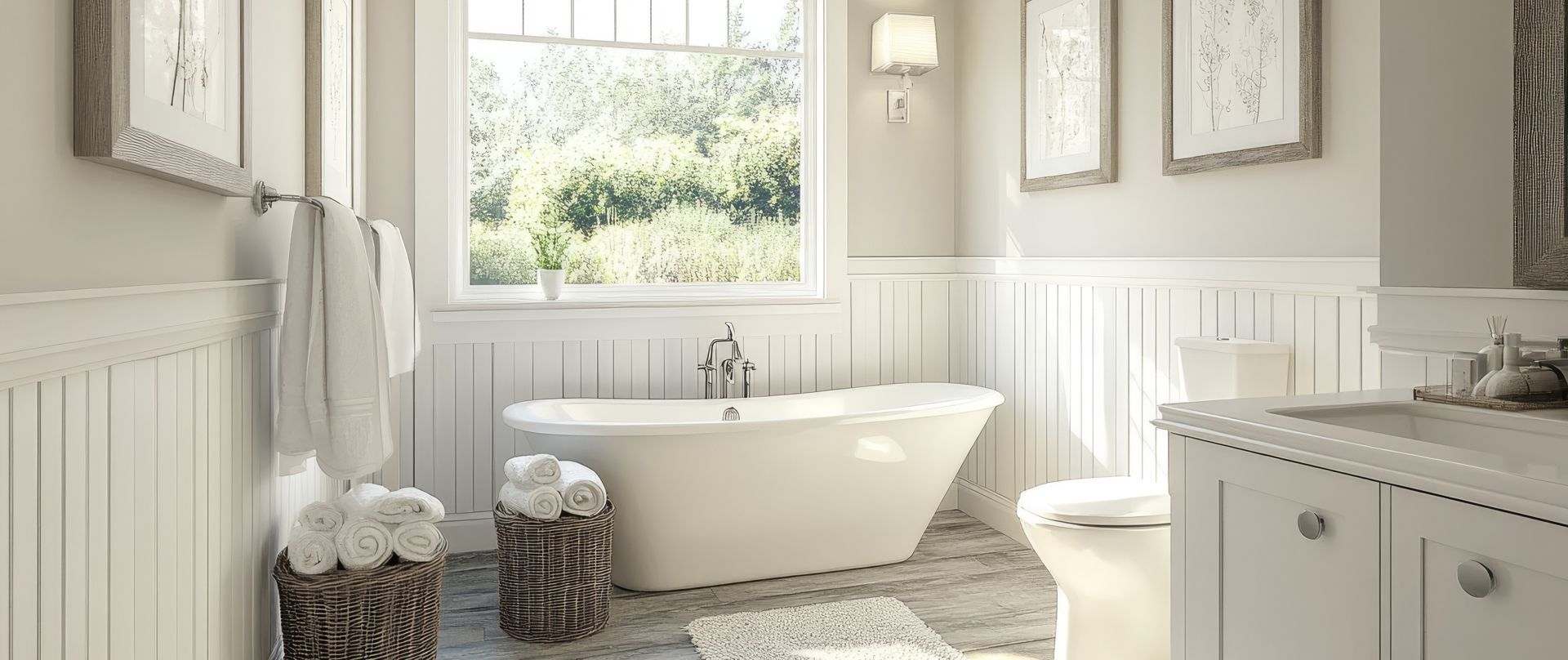 Elegant, white bathroom with freestanding tub near window with lush green view. Framed art hangs on the wall.