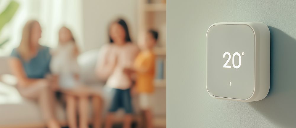 A thermostat displays 20° on a wall, with a blurred family in the background.