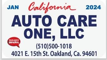 Auto Care One, LLC sign, January 2024, with phone, address, and Spanish speaking sign.