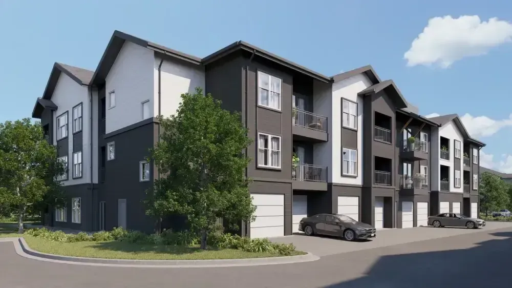 An artist 's impression of a apartment building with cars parked in front of it