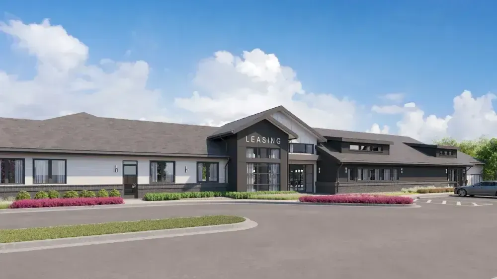 An artist 's impression of a large building with a car parked in front of it.