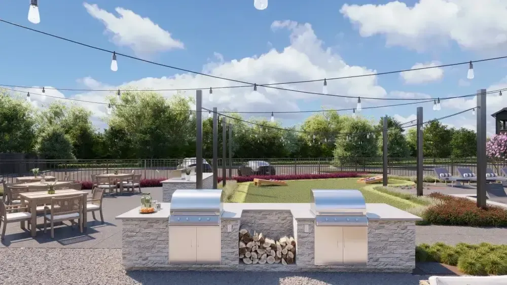 An artist 's impression of a patio area with tables and chairs