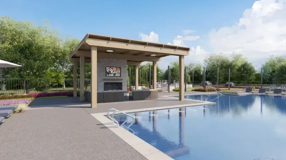 An artist 's impression of a swimming pool with a gazebo and a fireplace.