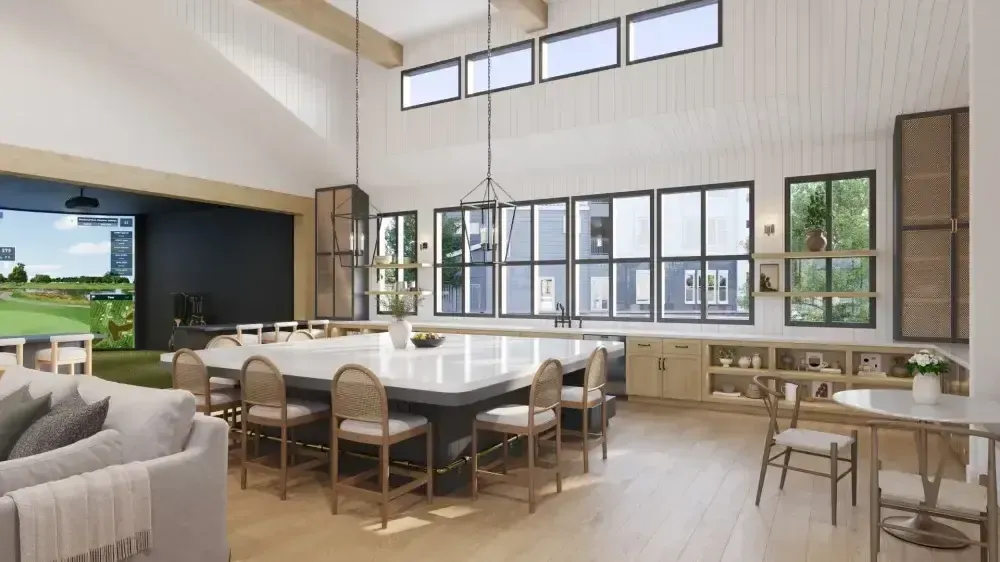 A living room with a large table and chairs