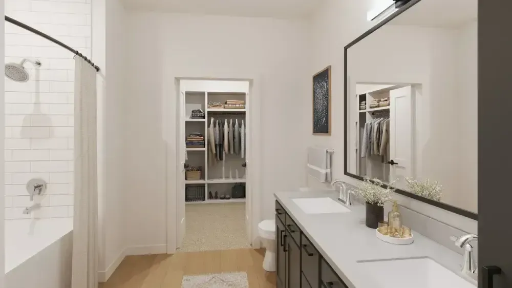 A bathroom with a sink , toilet , shower and walk in closet.