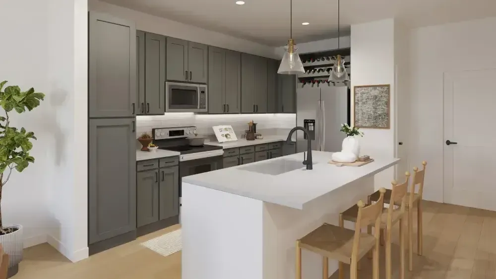 An artist 's impression of a kitchen with gray cabinets and white counter tops