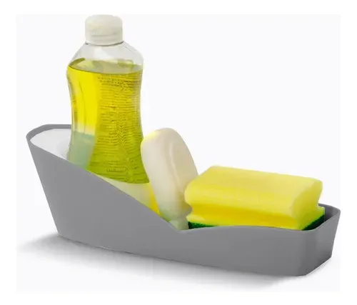 Estante para lavabo de color gris que contiene una botella de jabón amarilla,