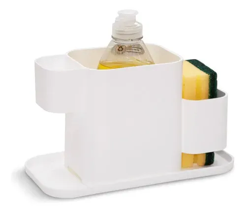Organizador de fregadero de cocina de plástico blanco con botella de jabón y esponja.