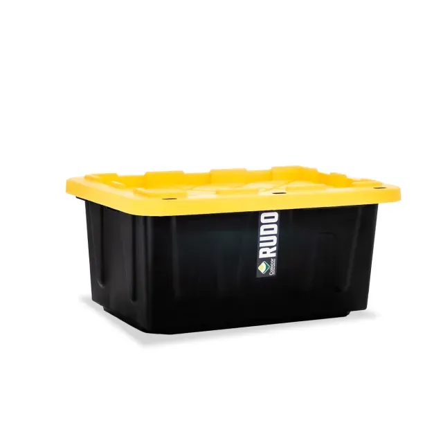 Contenedor de almacenamiento negro con tapa roja y etiqueta KRUID sobre fondo blanco.