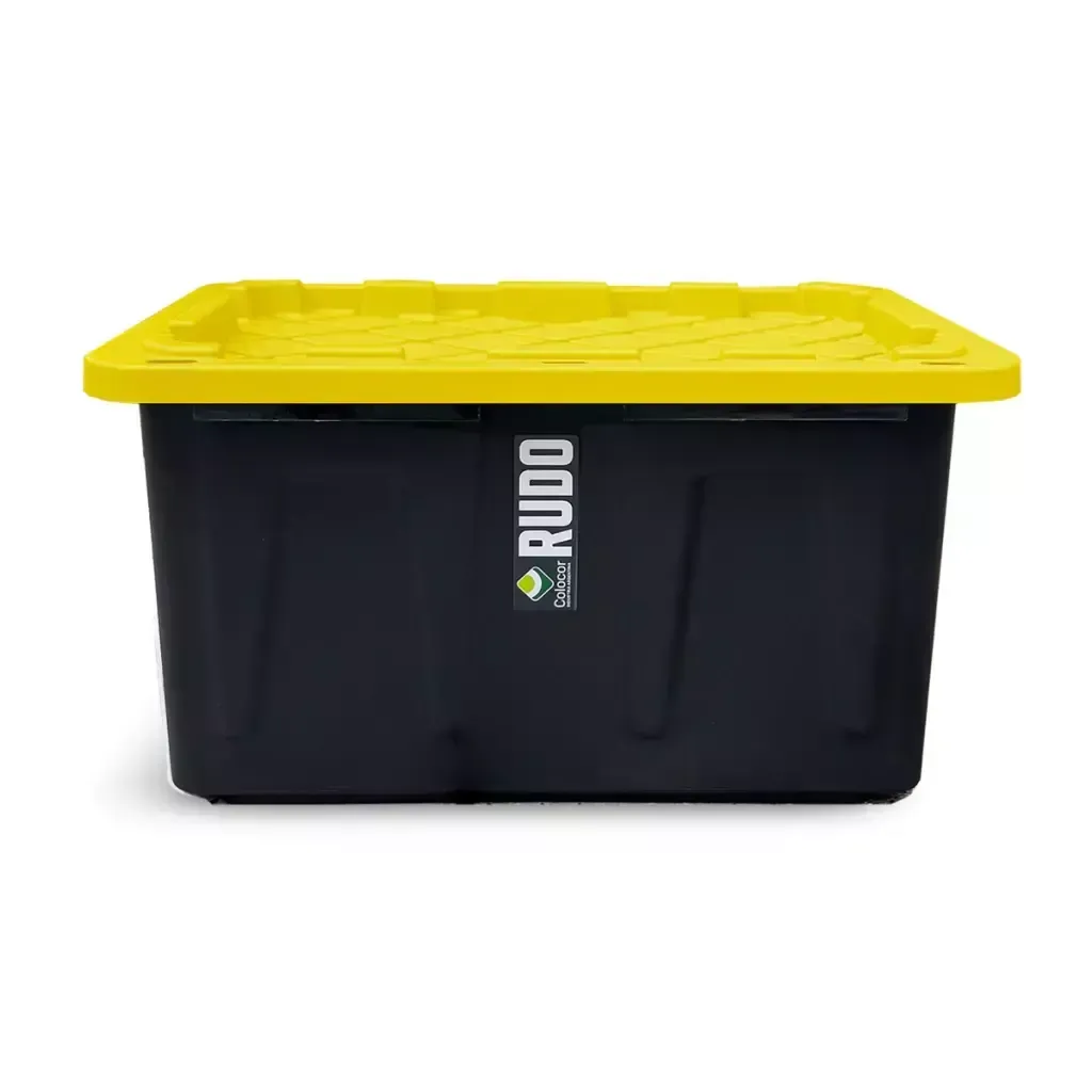 Contenedor de almacenamiento negro con tapa amarilla sobre fondo blanco