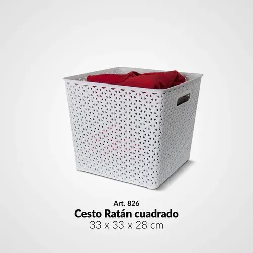 Cesto de ropa blanco perforado con ropa roja en su interior.