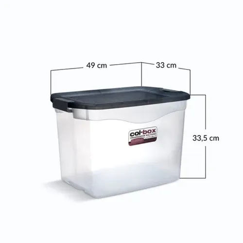 Contenedor de almacenamiento de plástico transparente con tapa gris y cierres negros.