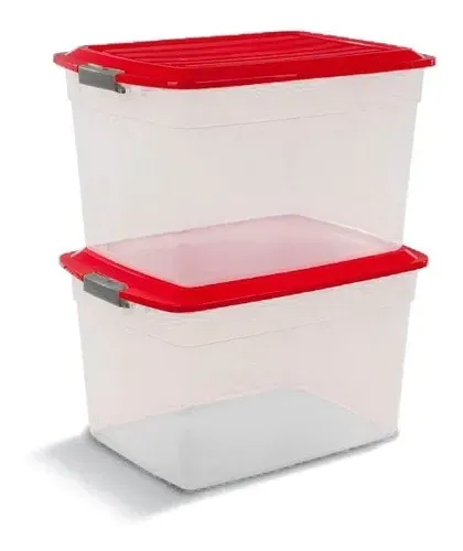 Dos cajas de almacenamiento transparentes con tapas rojas, apiladas una encima de la otra.