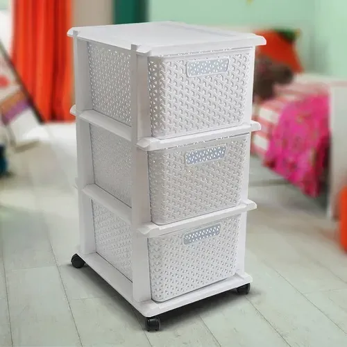 Carrito de almacenamiento de plástico blanco con tres cajones, ruedas y tapa plana.
