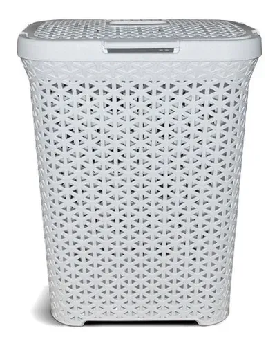 Cesto para ropa sucia de plástico blanco con diseño tejido y tapa.