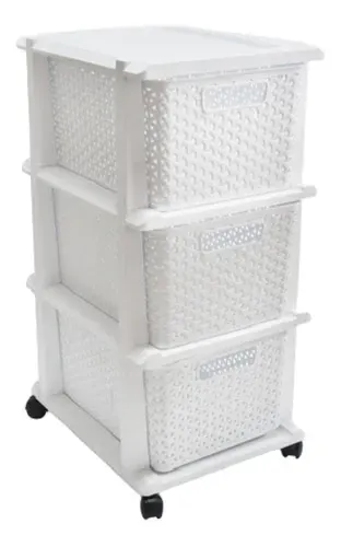 Carrito de almacenamiento de plástico blanco con tres cajones, ruedas y tapa plana.