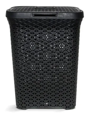 Cesto para ropa sucia de plástico blanco con diseño tejido y tapa.